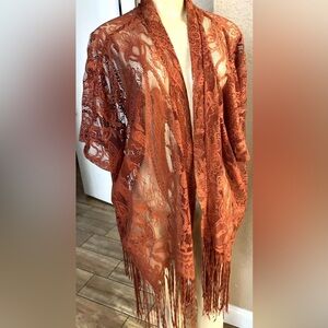 BRAND NEW Emerette Lace Boho Fringe Tassel Fringe Duster  Copper Brown Sz S